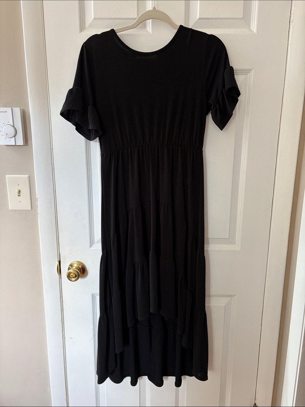 Black Short-Sleeve Tiered Maxi Dress